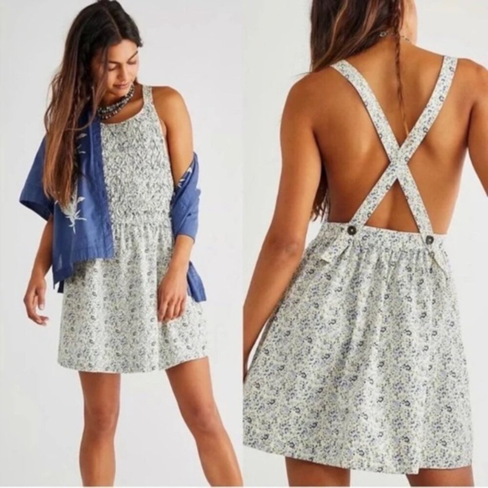 Free People Smocked White and Blue Mini Sundress